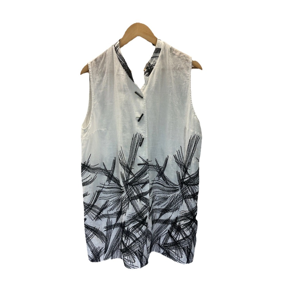 Caroline Rose Size L button‎ up linen sleeveless embroidered Top Tunic Artsy